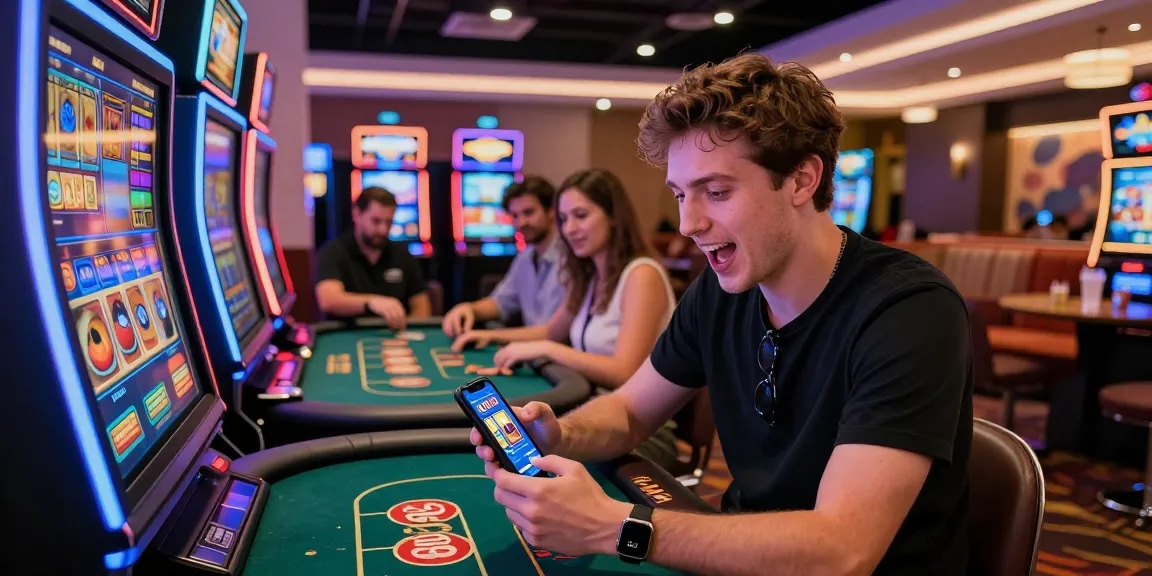New player engaging with KO66 app in modern casino, showcasing excitement and vibrant atmosphere.