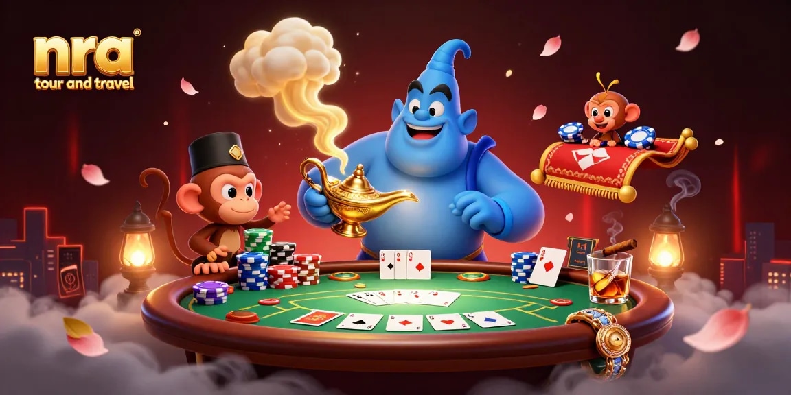 Engage in thrilling bets with nra tour and travel as the genie and monkey summon poker chips and excitement.