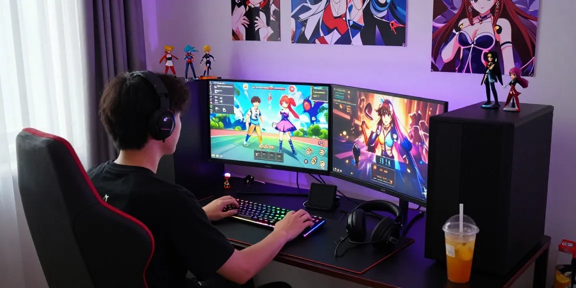 Immersive scene of a gamer focused on hentai games, vibrant displays, and anime decor.
