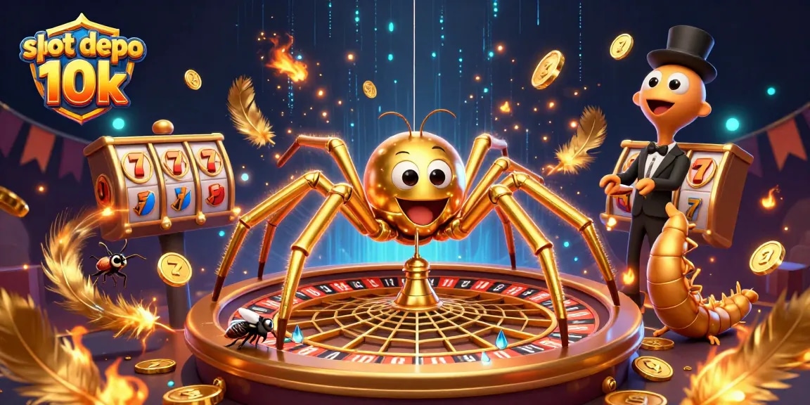Engage in thrilling action with slot depo 10k featuring a golden spider, roulette wheel, and vibrant casino elements.