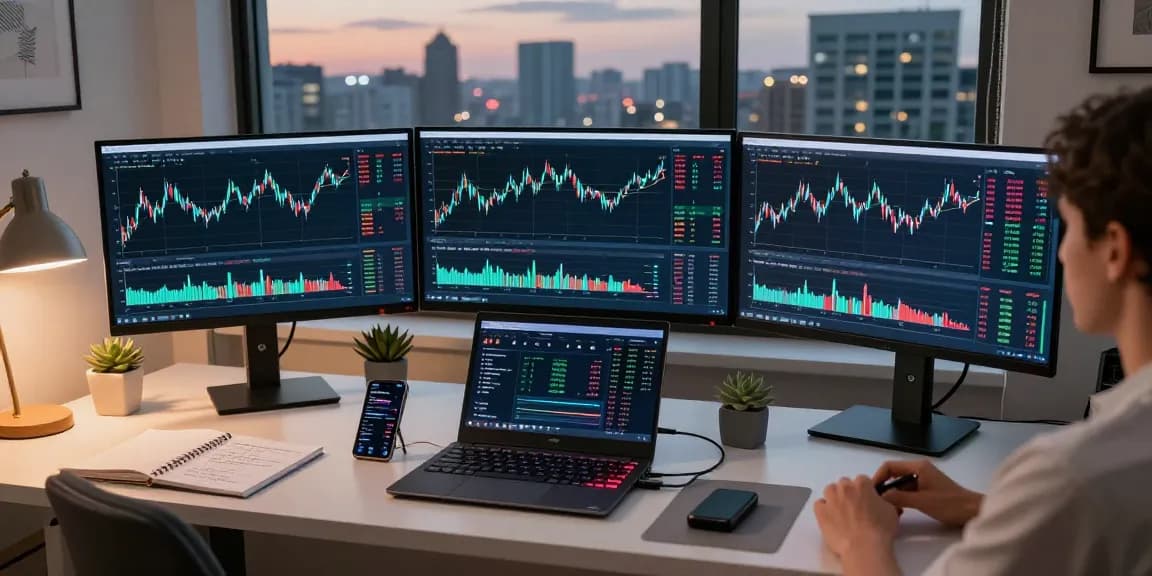 Play exchange-focused cryptocurrency trading setup with multiple monitors, digital wallets, and real-time data.