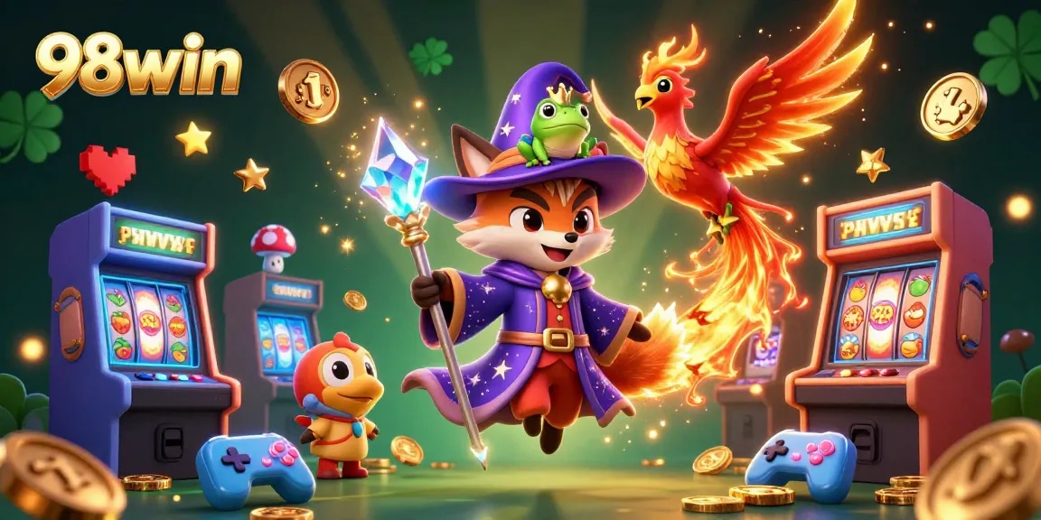 Ignite your gaming spirit with the vibrant 98win illustration showcasing enchanting characters in a packed casino scene.