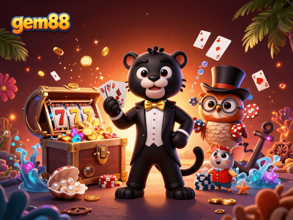 Engage with gem88's winning slots experience through a vibrant, playful 3D casino scene.