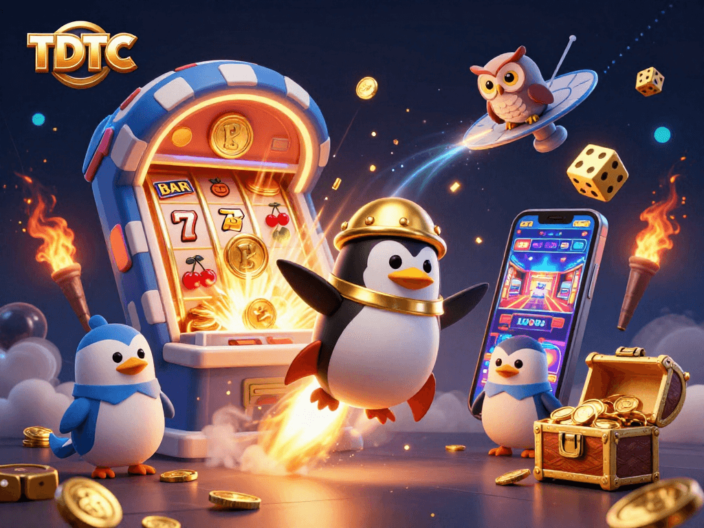 Engage in thrilling TDTC gameplay with a golden penguin soaring toward a jackpot-filled casino!