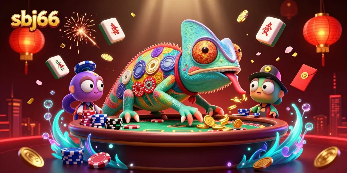 Experience thrilling gameplay at sbj66, featuring a vibrant casino scene with a chameleon casino owner.