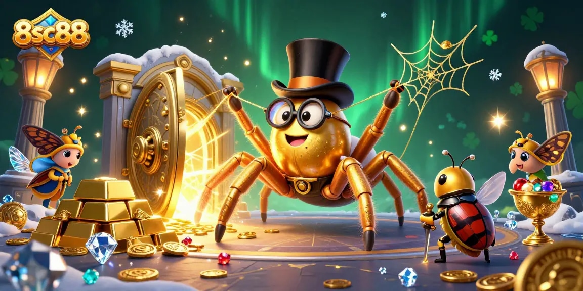 Experience thrilling gameplay at 8sc88 with vibrant 3D casino art featuring a giant tarantula and golden treasures.