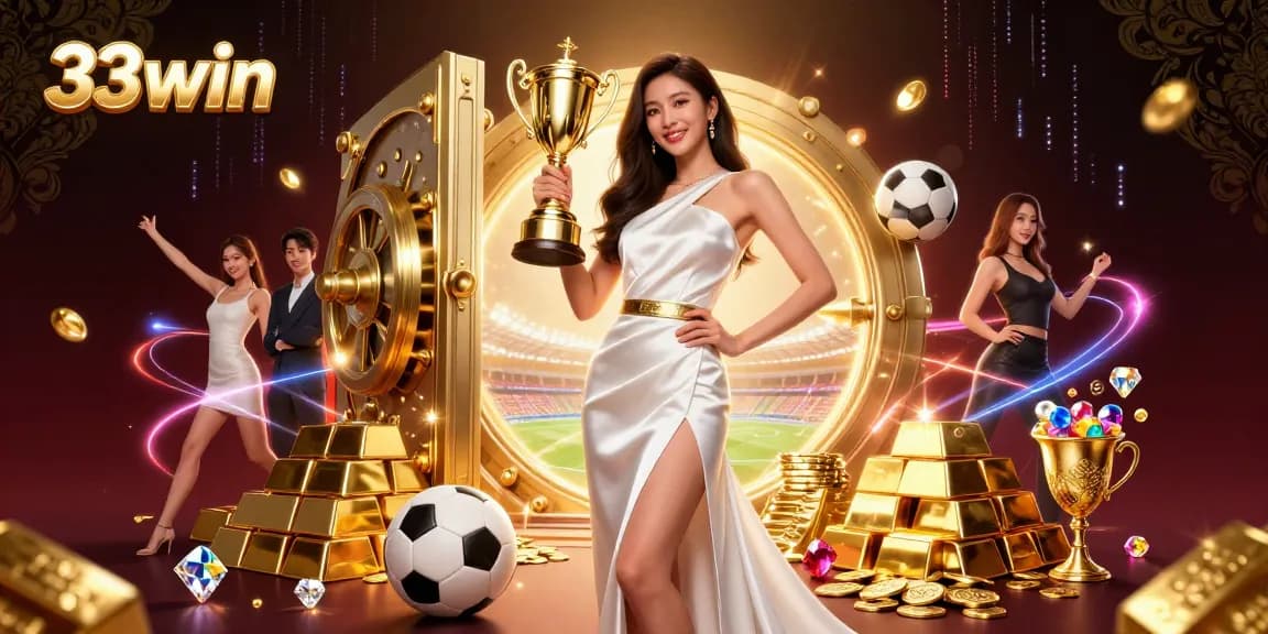 33win celebrates a victorious moment with a golden trophy in a vibrant casino setting.