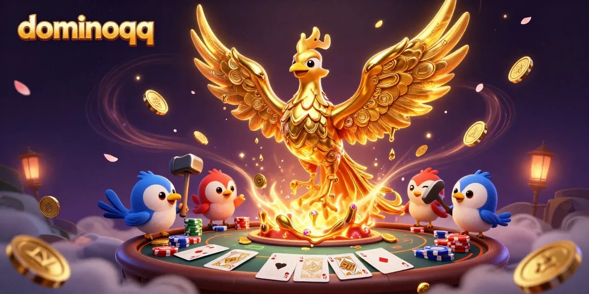 Play dominoqq with the iconic golden phoenix in a dazzling casino scene, showcasing vibrant action and excitement.