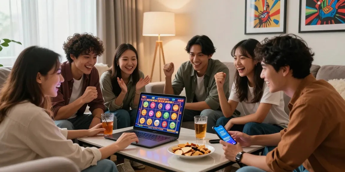 Friends enjoying SLOT ONLINE games on a laptop, celebrating wins in a cozy living room atmosphere.