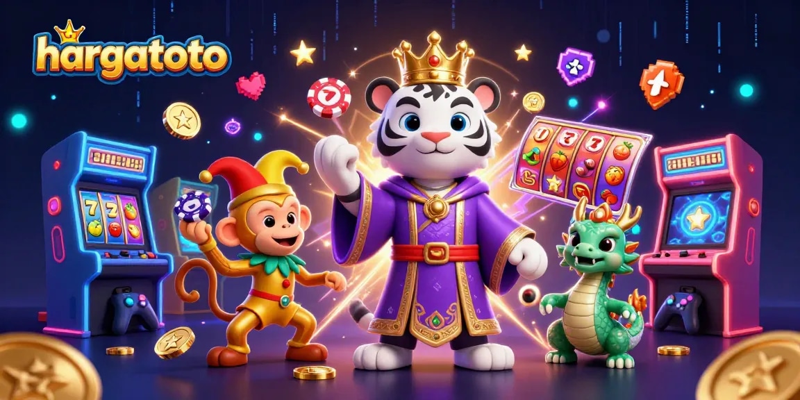 Engage with hargatoto as a vibrant 3D cartoon scene featuring a lucky tiger, playful monkey, and glowing casino elements.