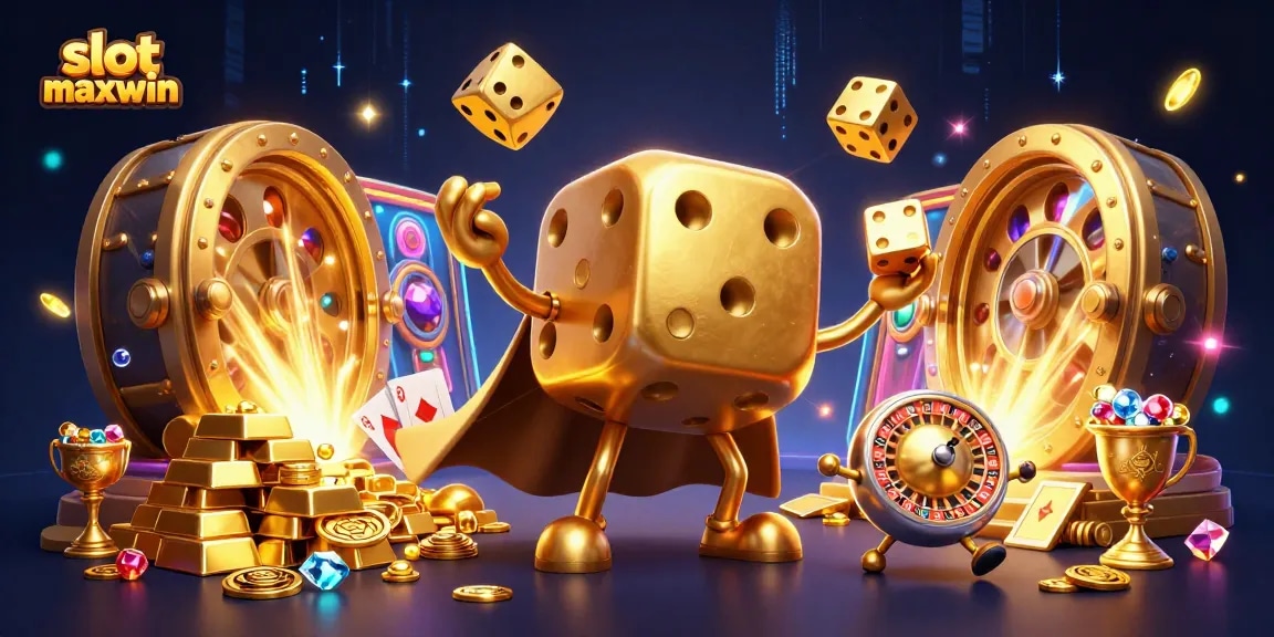 Engage with slot maxwin excitement through a vibrant 3D illustration of a golden dice golem and rich casino elements.