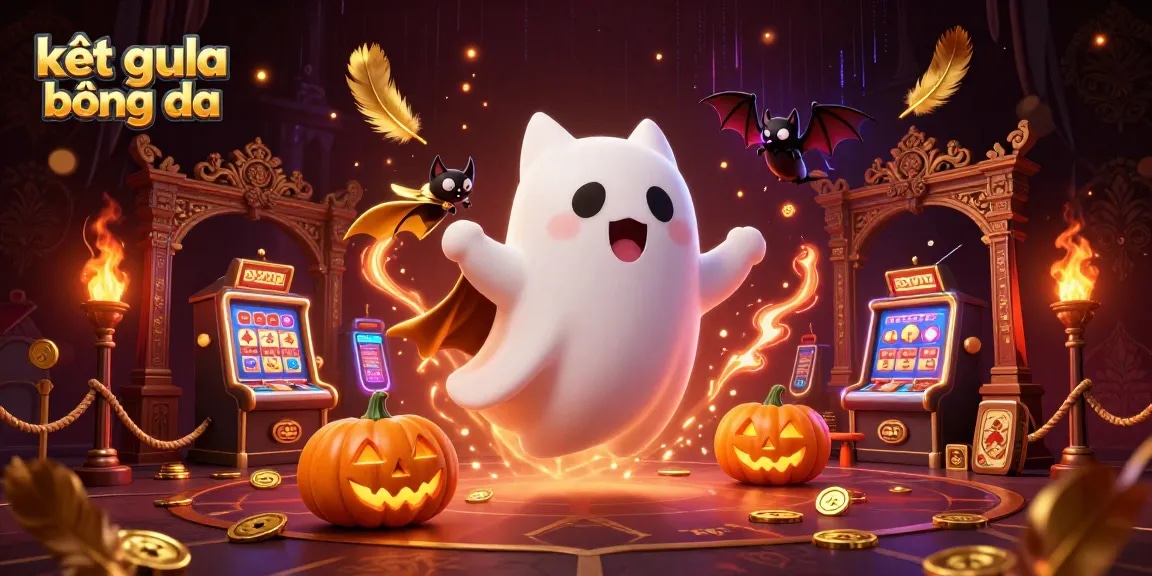 Experience kết quả bóng đá with ghost cat and vampire bat amidst glowing poker-themed elements.