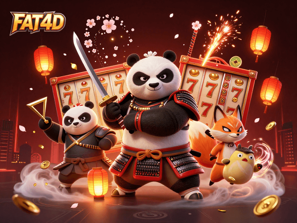 Engage with FAT4D's dynamic slots scene featuring charismatic characters and animated game elements.