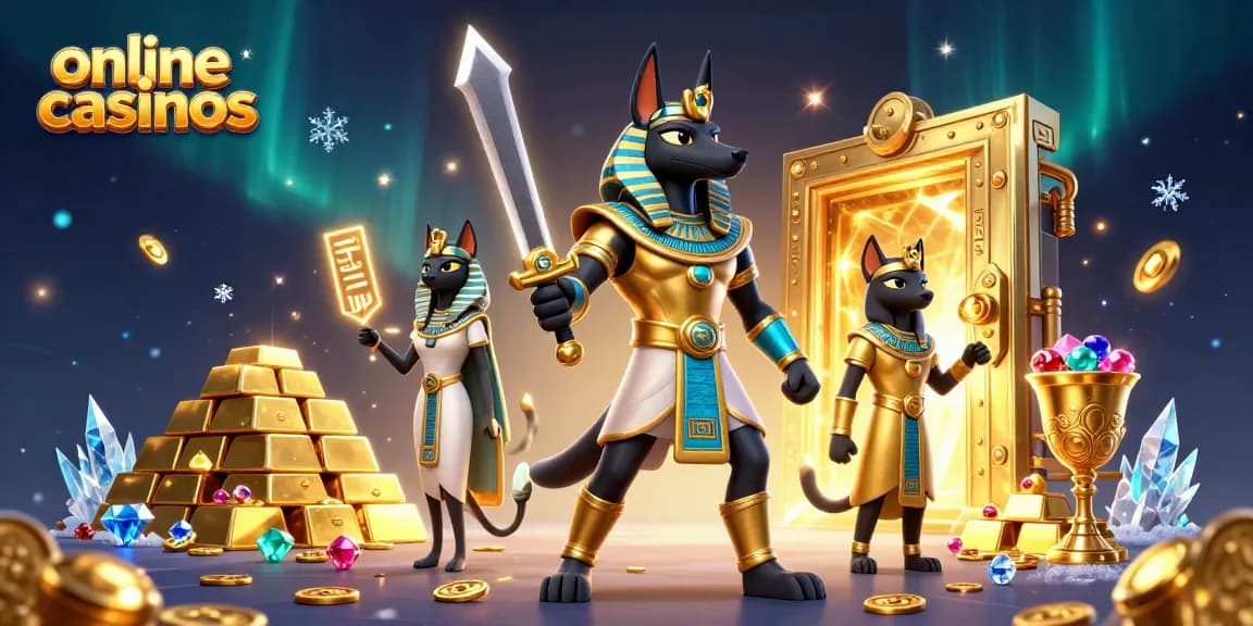 Experience the excitement of online casinos with ancient Egyptian warriors and items in a vibrant scene.