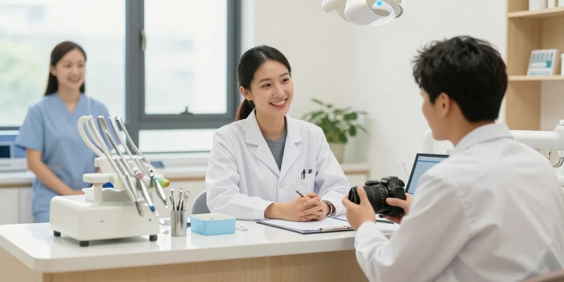 Check out this site for an inviting dental office with a friendly dentist consulting a patient.