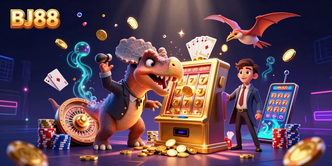 BJ88 unleashes jackpot excitement with vibrant golden coins raining from a dynamic casino scene.