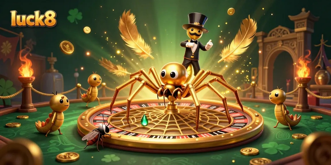Experience luck8's vibrant casino excitement with a golden spider, croupier, and roulette elements.
