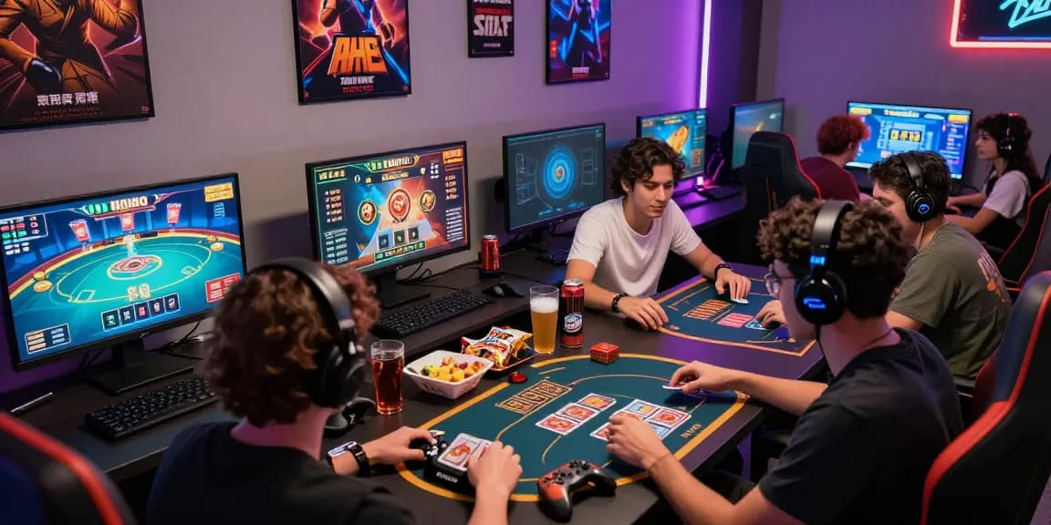Friends enjoying gamebaidoithuong online, engaged with vibrant card games and dynamic gaming setup.
