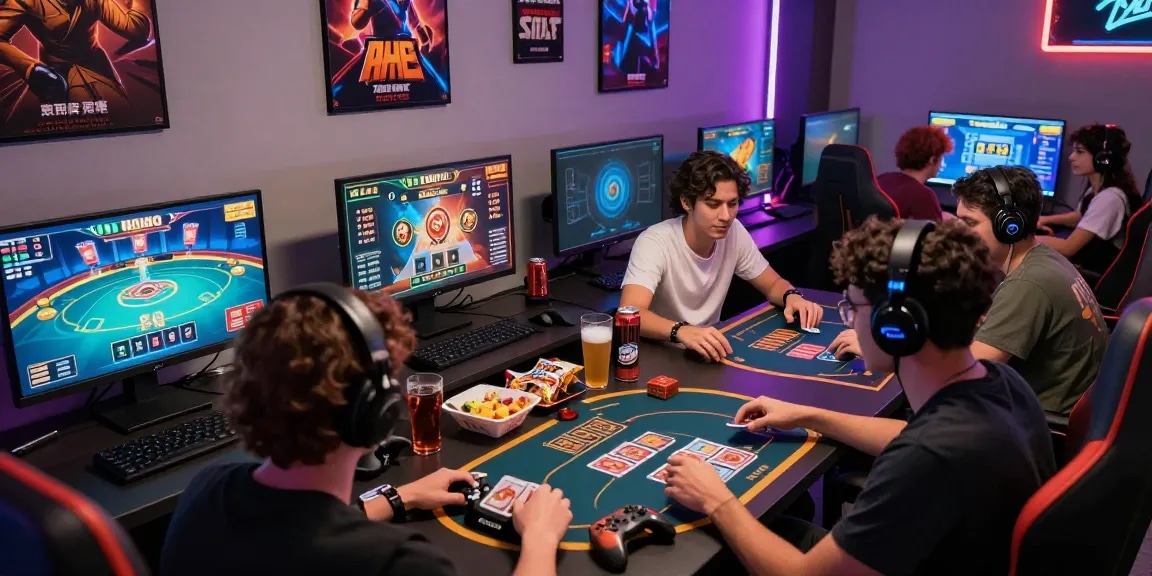 Friends enjoying gamebaidoithuong online, engaged with vibrant card games and dynamic gaming setup.