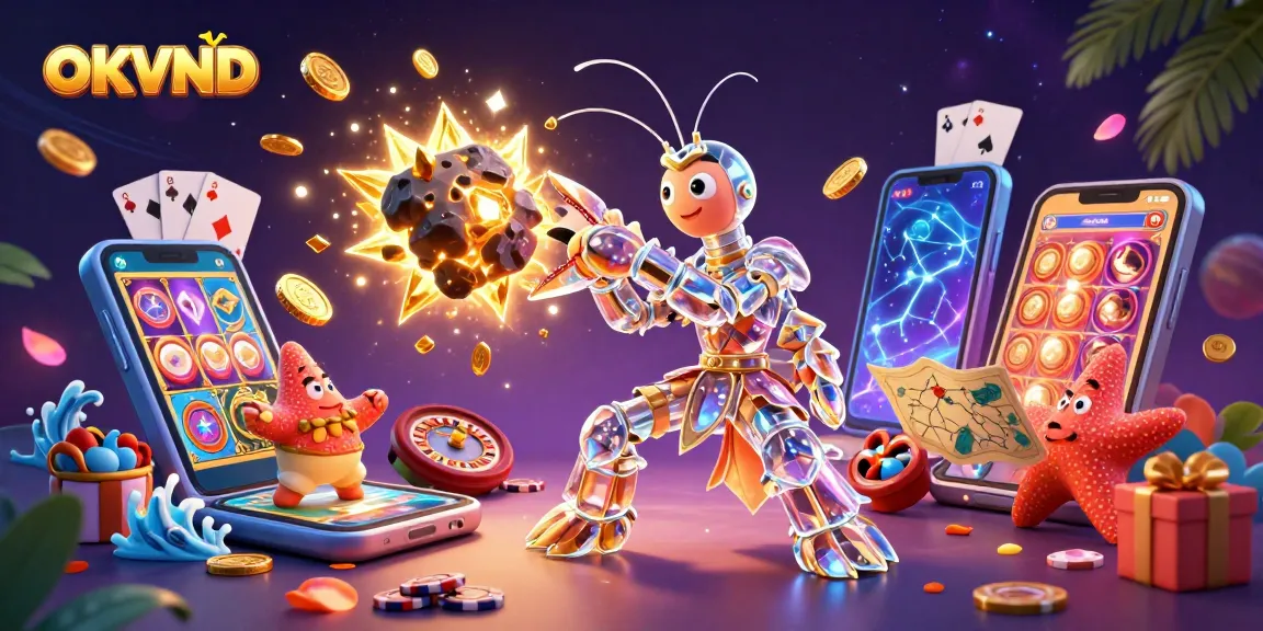 Experience thrilling slots with OKVND in a dynamic 3D scene filled with vibrant gambling elements.