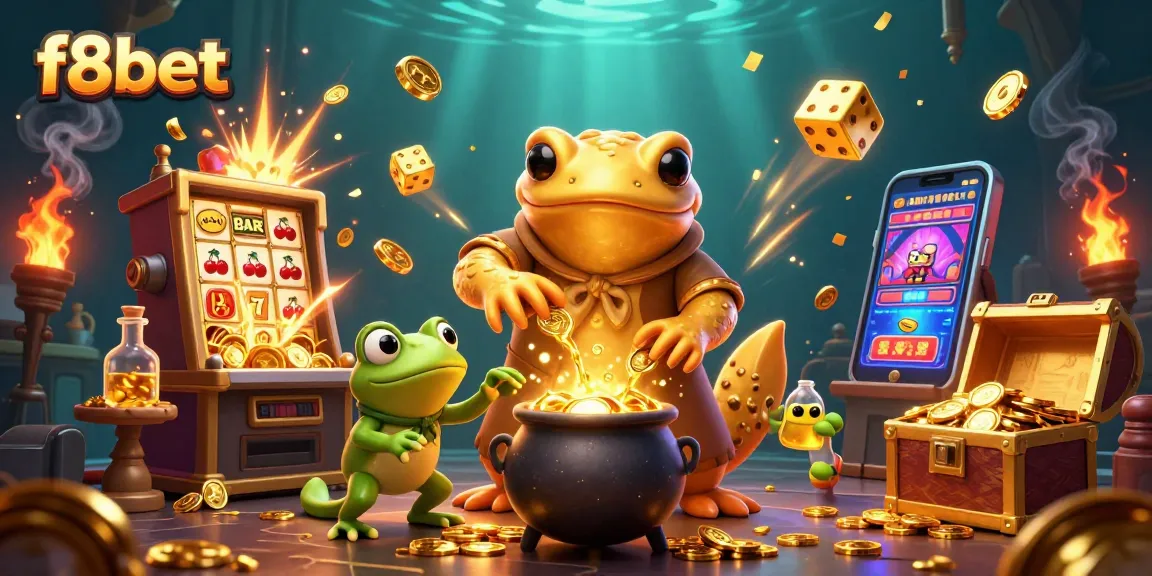 Experience exciting wins at f8bet with a 3D alchemist scene depicting gold coins and casino elements.