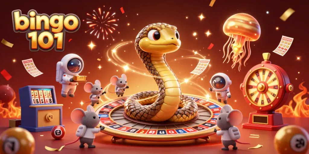 Engage in exciting bingo 101 gameplay as players interact with cosmic elements and vibrant prizes in a rich 3D illustration.