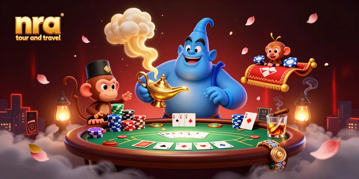 Engage in thrilling bets with nra tour and travel as the genie and monkey summon poker chips and excitement.