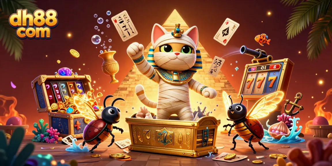 Experience winning thrills at dh88 com with vibrant 3D illustration of a mummy cat in a casino scene.