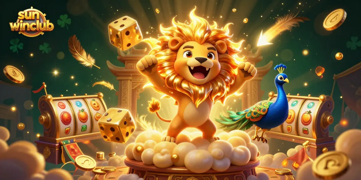 Engage with sun-winclub's vibrant online gambling scene featuring a dynamic sun lion, golden dice, and thrilling game elements.