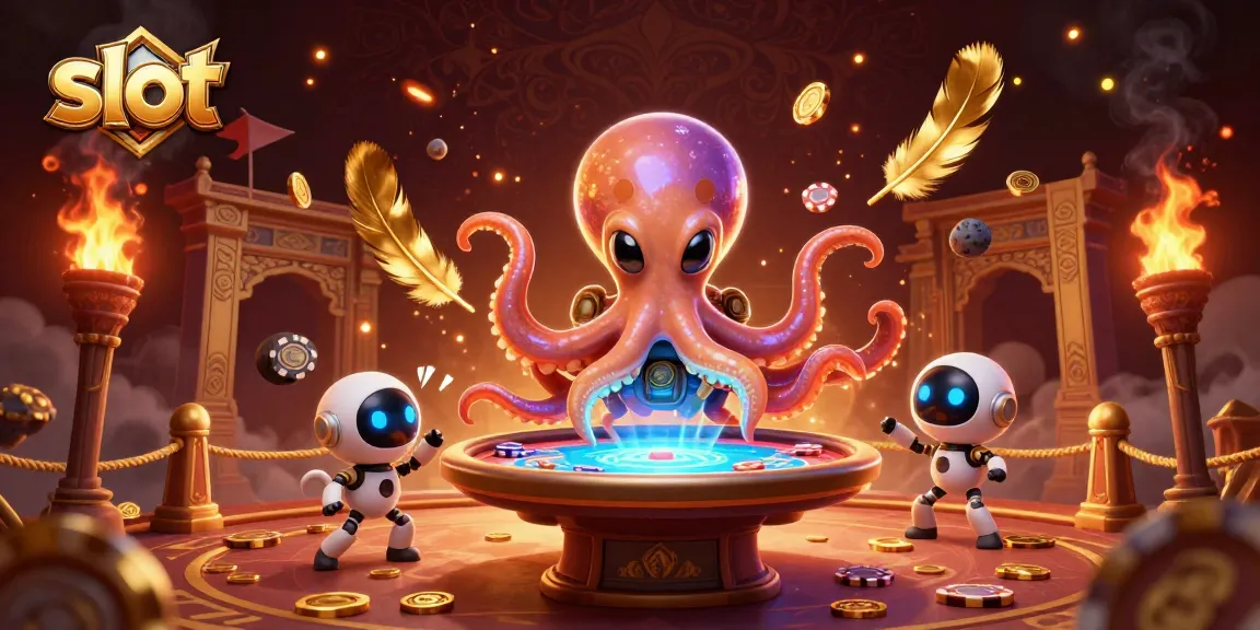 Mengoperasikan slot dengan karakter utama alien gurita menggunakan meja poker holografis di tengah suasana yang dikelilingi efek dramatis.