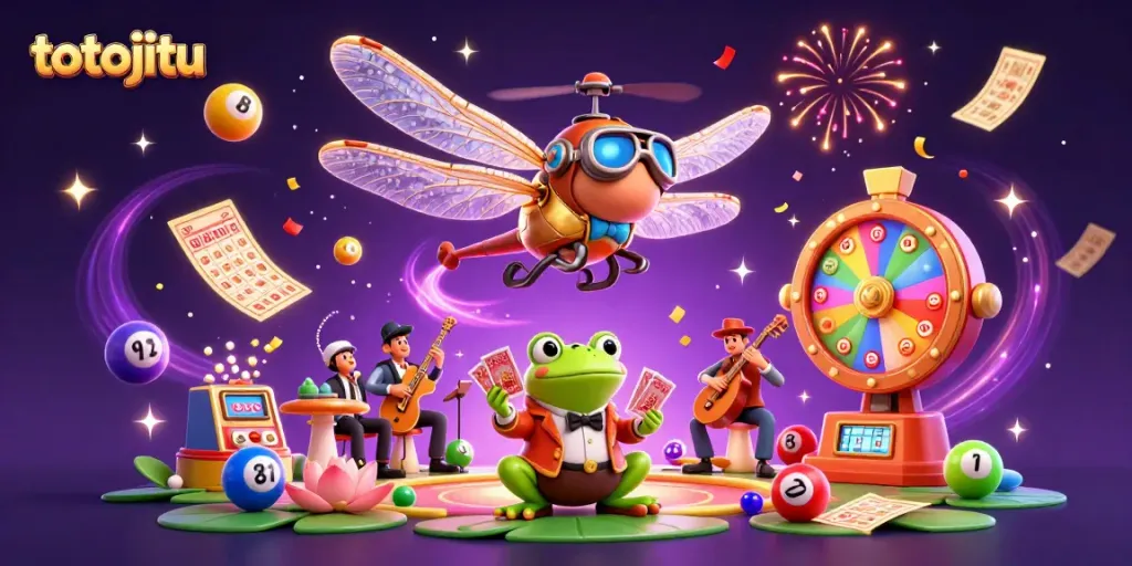 Engage with totojitu in a lively casino scene featuring a dragonfly pilot and frog dealer, amidst colorful lottery elements.