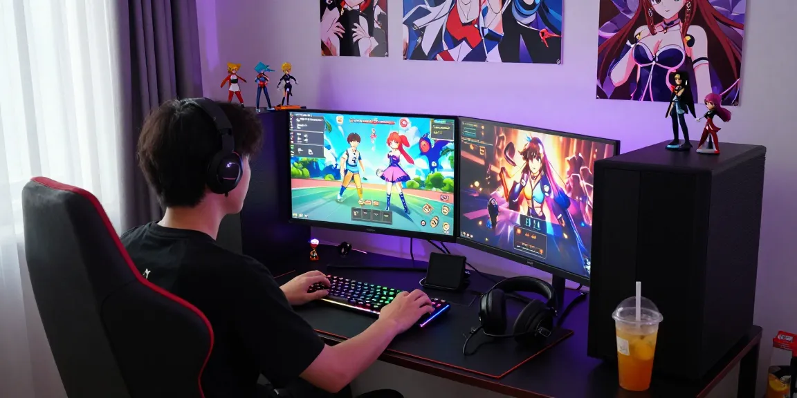 Immersive scene of a gamer focused on hentai games, vibrant displays, and anime decor.