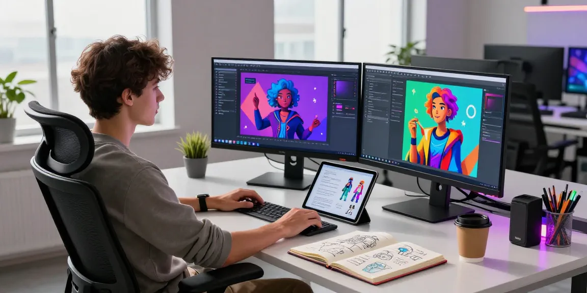 Creative workspace showcasing innovative nsfw ai technology with dual monitors and digital artwork.