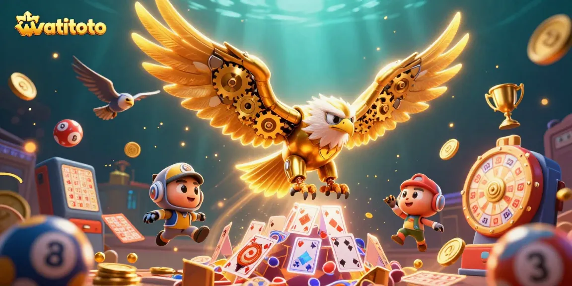 Engage with watitoto's exciting lottery visuals featuring a cybernetic eagle among dynamic gaming elements.