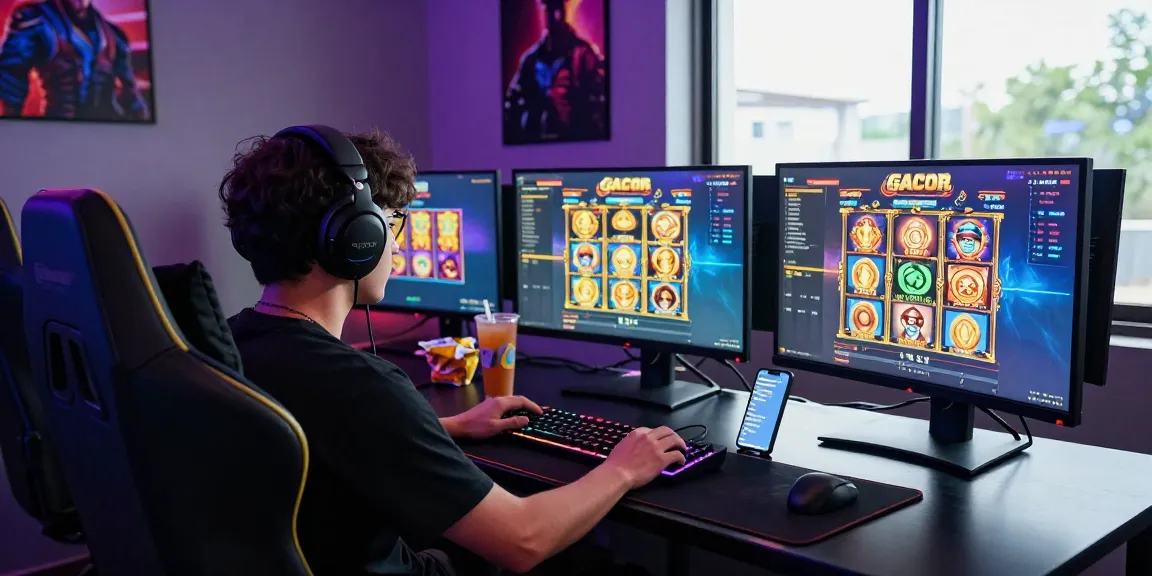 Pemain terfokus memainkan slot gacor di setup gaming modern dengan suasana energik.