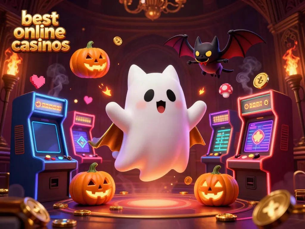 Experience the best online casinos with a ghost cat, bat, and glowing poker-themed pumpkins in this vibrant digital casino scene.