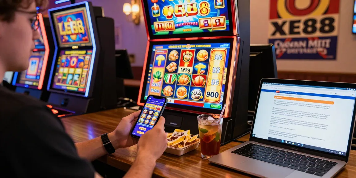 Immersive XE88 mobile gaming experience with vibrant slot graphics and cozy setting.