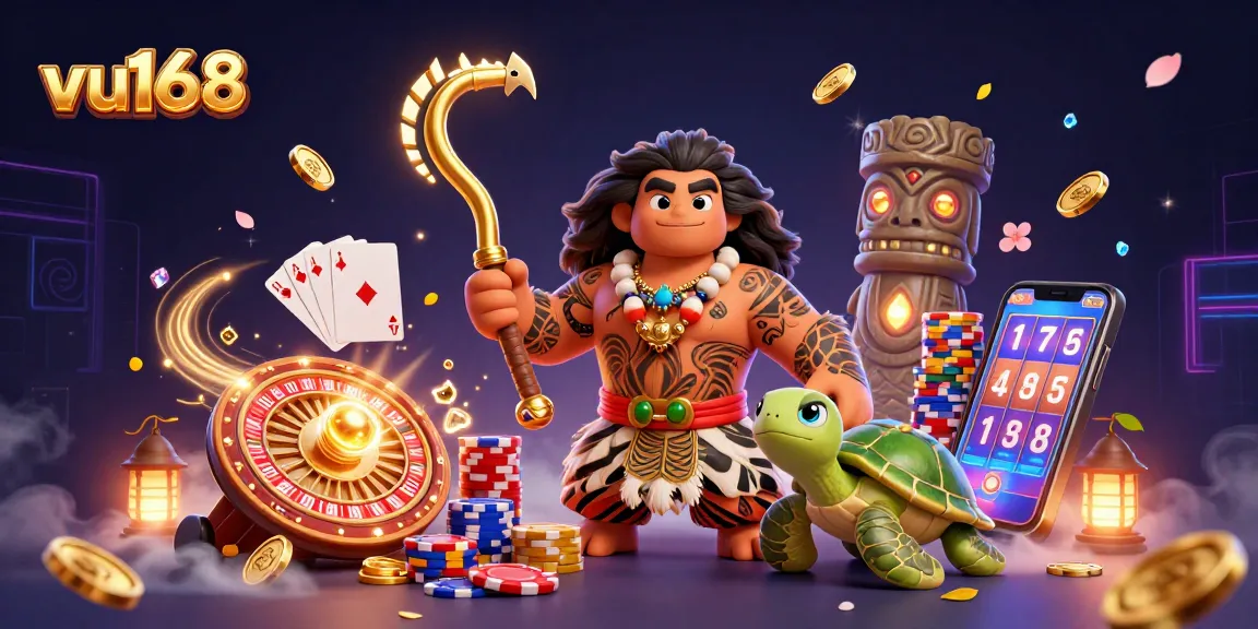 Experience thrilling gaming with vu168, featuring a demigod hawk, coins, and casino elements.