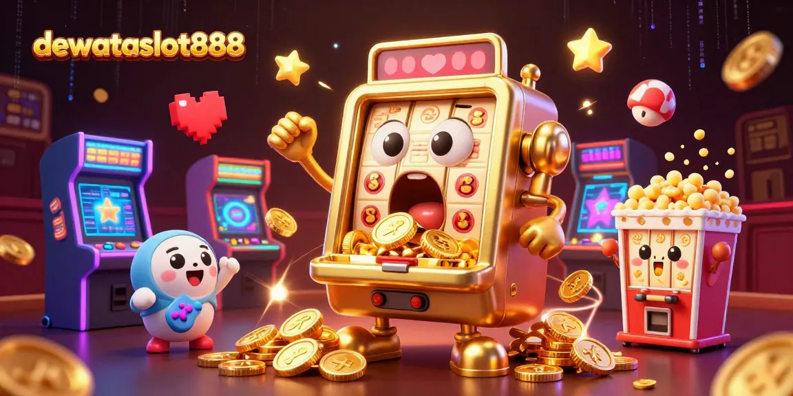 dewataslot888 merayakan jackpot besar dengan mesin slot emas dan koin berlimpah di sekelilingnya