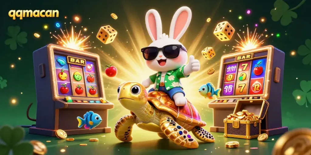 Join the thrill of qqmacan with a lively scene featuring a lucky rabbit and golden sea turtle amid explosive jackpots.