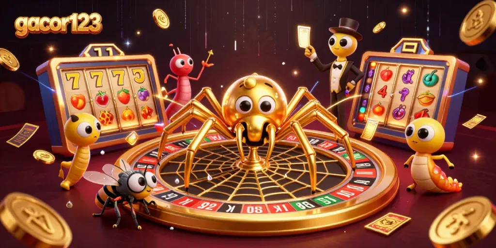 Experience thrilling bets at gacor123 with a golden spider and centipede croupier in an engaging casino scene.