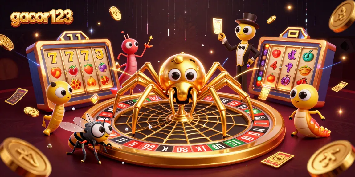 Experience thrilling bets at gacor123 with a golden spider and centipede croupier in an engaging casino scene.