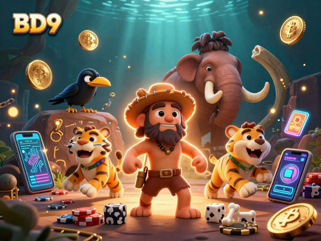 Experience BD9's vibrant 3D casino scene with caveman, sabertooth, and crow amidst crypto elements.