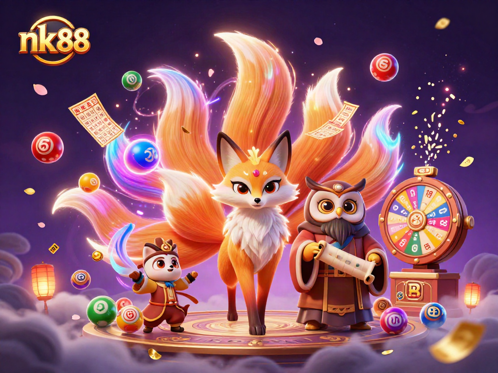 Engage with nk 88 at a vibrant lottery scene featuring a nine-tailed fox spirit and colorful elements.