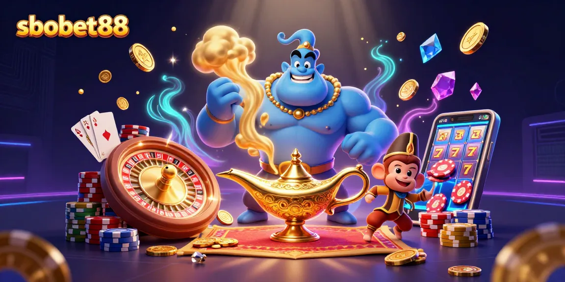 Engage with sbobet88 as genie bursts from lamp amidst cascading casino riches and vibrant gaming elements.
