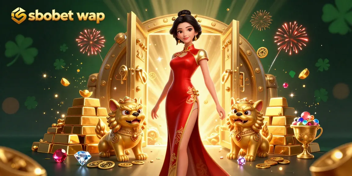 Bet on sbobet wap with excitement as an elegant woman stands between golden foo dog guardians amidst a treasure vault.