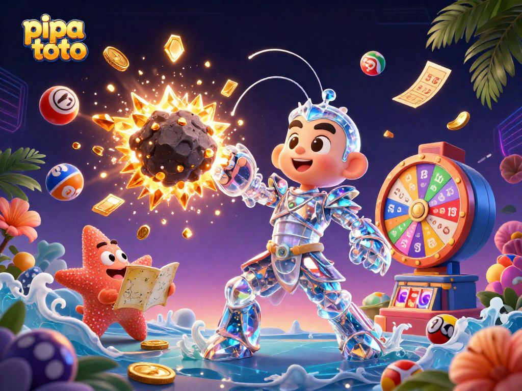 Pipa toto showcases a vibrant scene of gambling with characters, lottery balls, and prizes exploding into action.