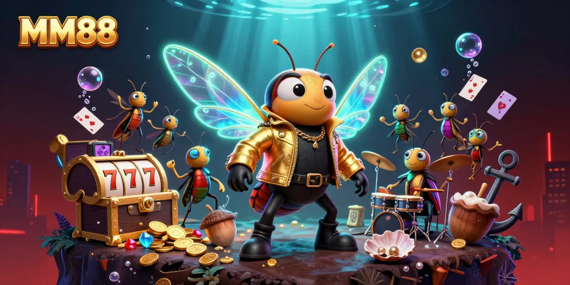 Experience the dynamic MM88 casino scene with vibrant characters, slot reels, and treasure elements.