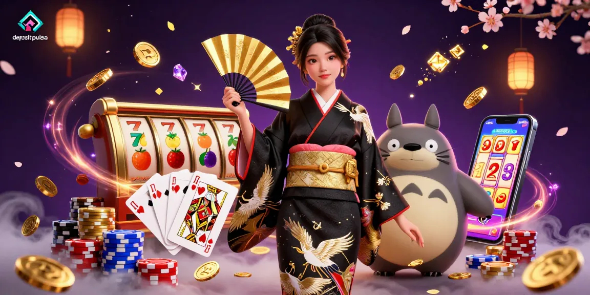 Putar gulungan dengan deposit pulsa di suasana kasino yang semarak menampilkan seorang wanita Asia dan tanuki yang bijak.