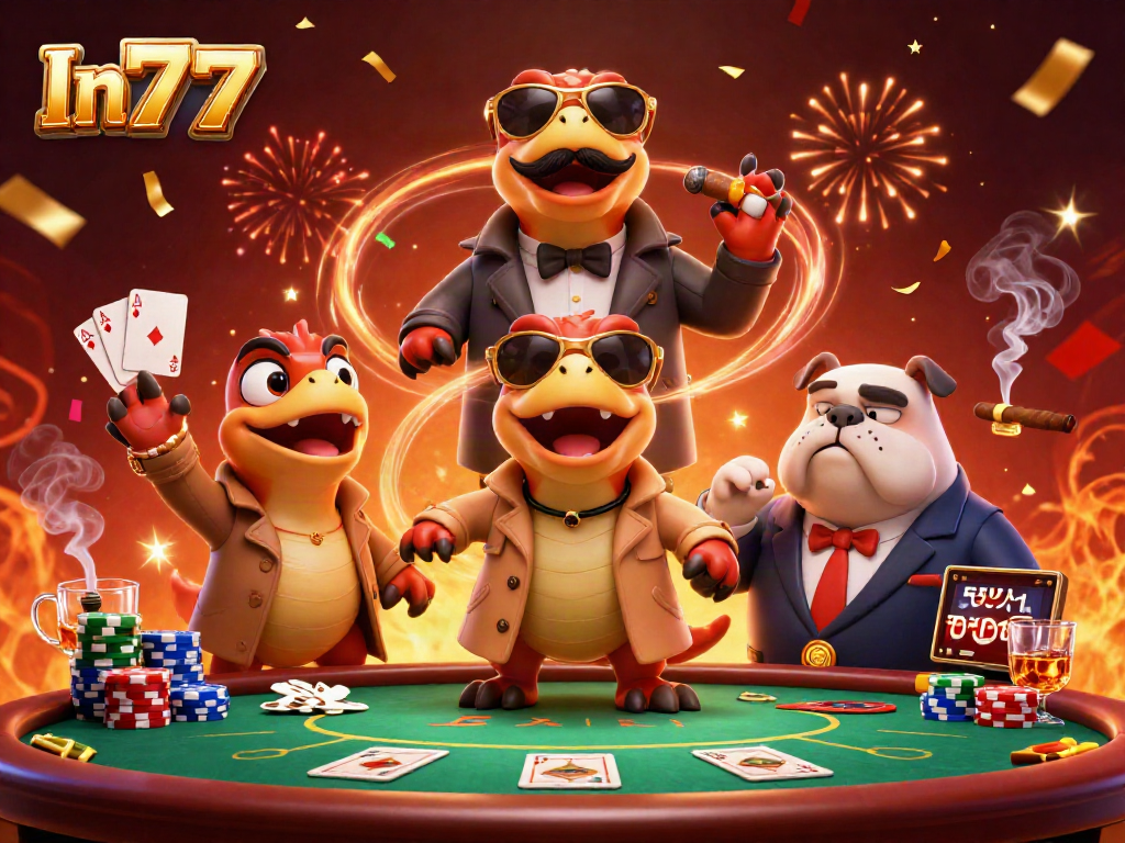 Players explore In777's vibrant casino experience, visually engaging with dynamic poker elements.